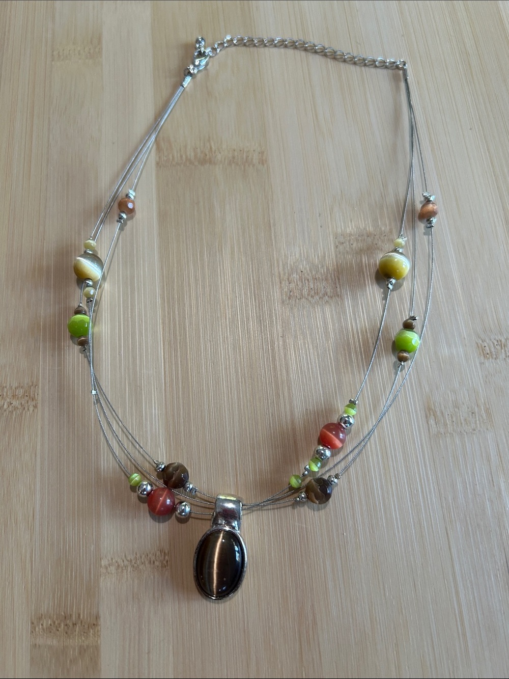 Multi-Color Beaded Pendant Necklace - Silver Cable Strand